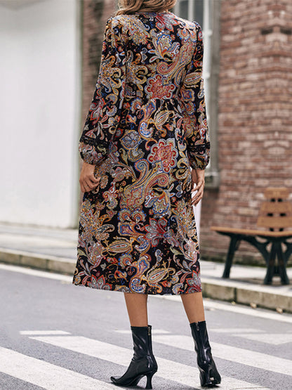 Autumn Paisley Lace Accents Long Sleeve Midi Dress Midi Dresses - Chuzko Women Clothing