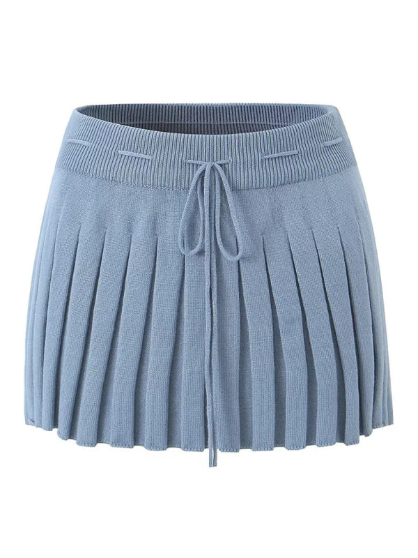 Rib-Knit Outfit Crop Sweater + Cami Top + Pleated Mini Skirt Skirt Set - Chuzko Women Clothing