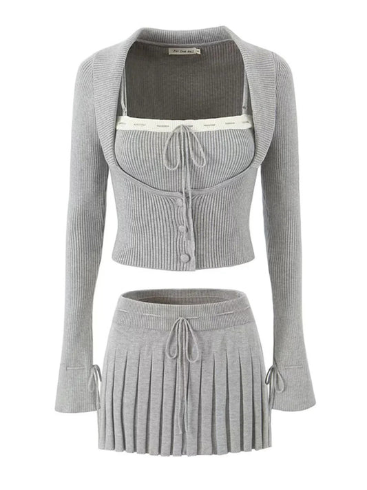 Rib-Knit Outfit Crop Sweater + Cami Top + Pleated Mini Skirt Skirt Set - Chuzko Women Clothing