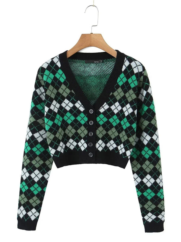 Rhombus Knitted Set Button-Up Crop Sweater and Mini Skirt Skirt Set - Chuzko Women Clothing
