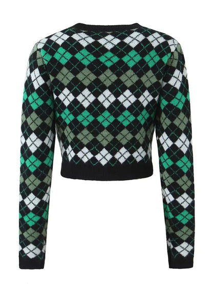 Rhombus Knitted Set Button-Up Crop Sweater and Mini Skirt Skirt Set - Chuzko Women Clothing