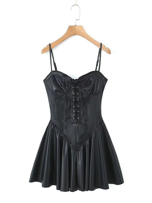Faux Leather Bustier Corset Mini Dress PU Leather Dresses - Chuzko Women Clothing