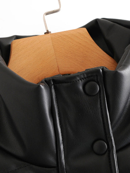 Women’s Mock Neck Faux Leather Puffer Jacket Faux Leather Jackets - Chuzko Women Clothing