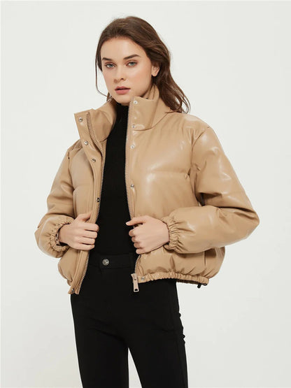 Women’s Mock Neck Faux Leather Puffer Jacket Faux Leather Jackets - Chuzko Women Clothing