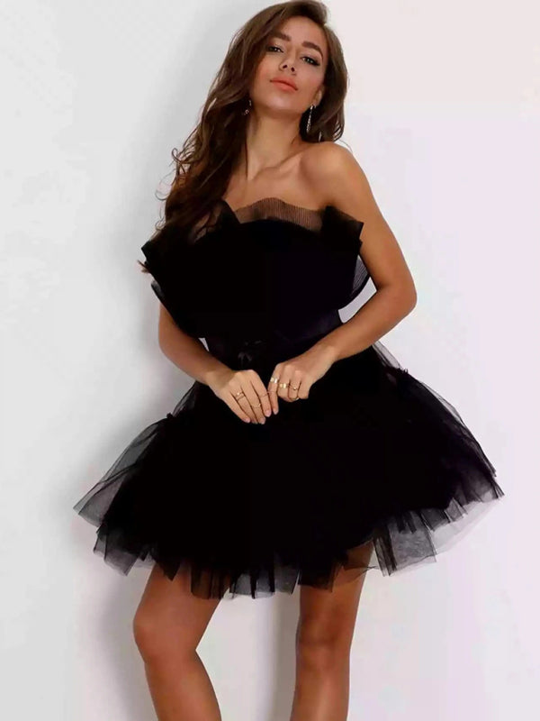 Elegant Tulle Ruffle Tube Mini Dress Party dresses - Chuzko Women Clothing