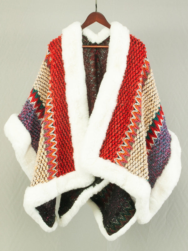 Thick Knitted Faux Fur Trimming Mid-Length Chunky Cardigan Poncho Ponchos - Chuzko Women Clothing