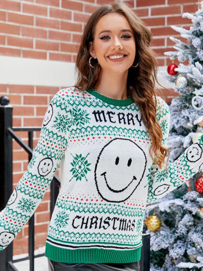 Women’s Merry Christmas Smiley Knit Sweater Christmas Sweaters - Chuzko Women Clothing