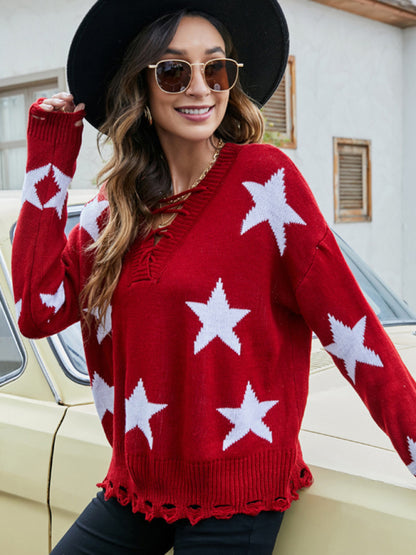 Women’s Star Knitted Lace-Up Back Sweater Sweaters - Chuzko Women Clothing