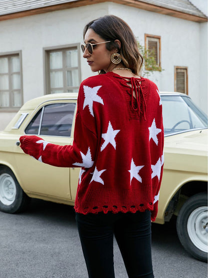 Women’s Star Knitted Lace-Up Back Sweater Sweaters - Chuzko Women Clothing