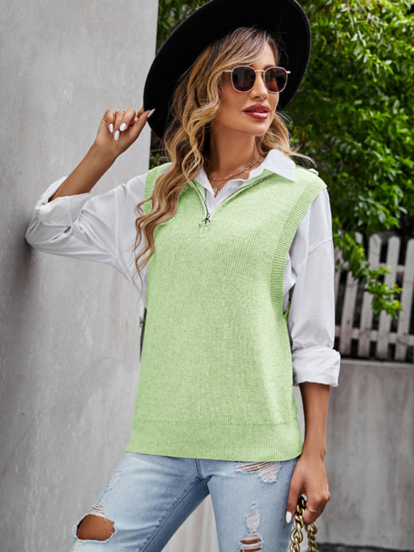 Solid-Knitted Autumn Office Half Zip-Up High Neck Vest Sweater Knit Vest - Chuzko Women Clothing