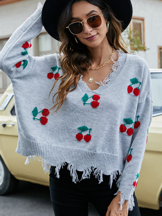 Women’s Cherry distressed knitted Sweater Sweaters - Chuzko Women Clothing