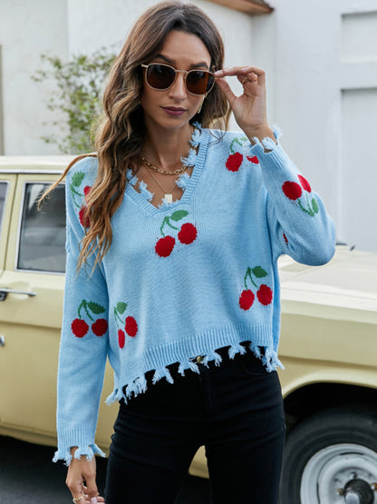 Women’s Cherry distressed knitted Sweater Sweaters - Chuzko Women Clothing