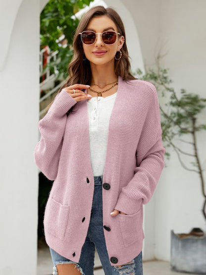 Waffle Knitted Pockets Button-Down Sweater Cardigan Cardigans - Chuzko Women Clothing