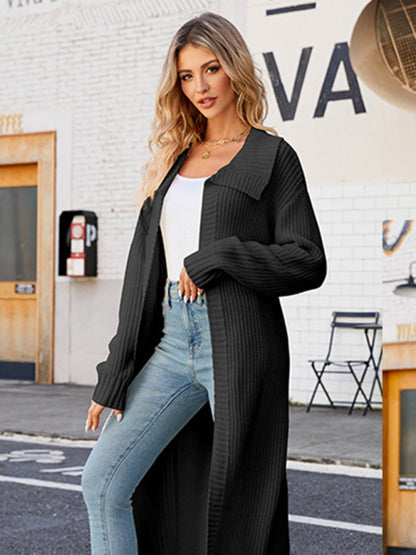 Knitted Open Front Lapel Collar Duster Cardigan Duster Cardigans - Chuzko Women Clothing