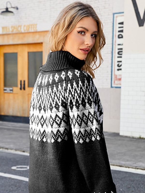 Fair Isle Knit Turtleneck Sweater Sweaters - Chuzko Women Clothing