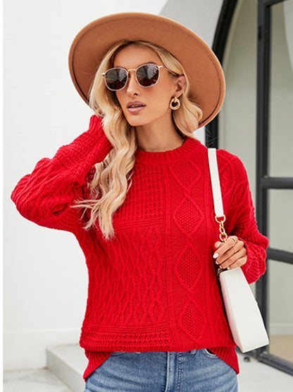 Women’s Cable Knit Crew Neck Snowy Day Sweater Sweaters - Chuzko Women Clothing