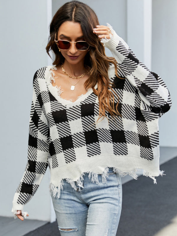 Plaid Distressed Knit V-Neck Drop Sleeve Frayed Sweater Distressed Sweaters - Chuzko Women Clothing