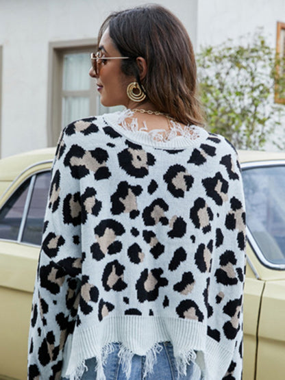 Oversize Leopard Distressed Knit V-Neck Sweater Frayed sweaters - Chuzko Women Clothing