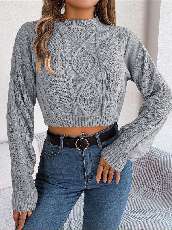 Cable Knitted Lantern Sleeve Crew Neck Crop Sweater Crop Sweaters - Chuzko Women Clothing