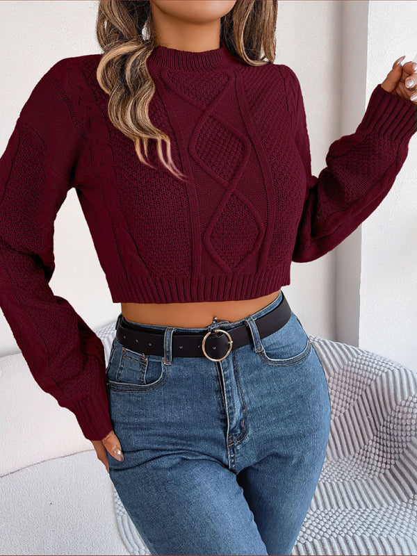 Cable Knitted Lantern Sleeve Crew Neck Crop Sweater Crop Sweaters - Chuzko Women Clothing