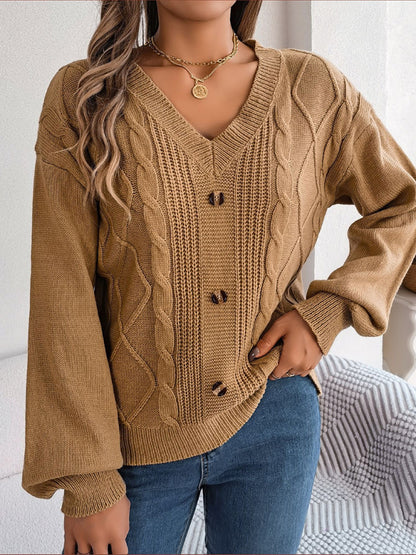 Autumn Button Applique Cable Knit V-Neck Sweater Sweaters - Chuzko Women Clothing