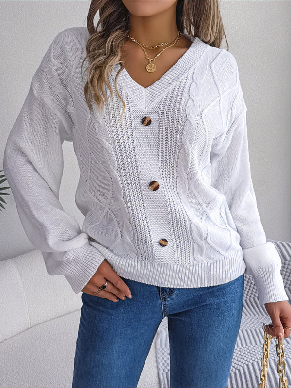 Autumn Button Applique Cable Knit V-Neck Sweater Sweaters - Chuzko Women Clothing