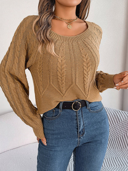Cable Knit Scoop Neck Sweater for Autumn/Winter Sweaters - Chuzko Women Clothing