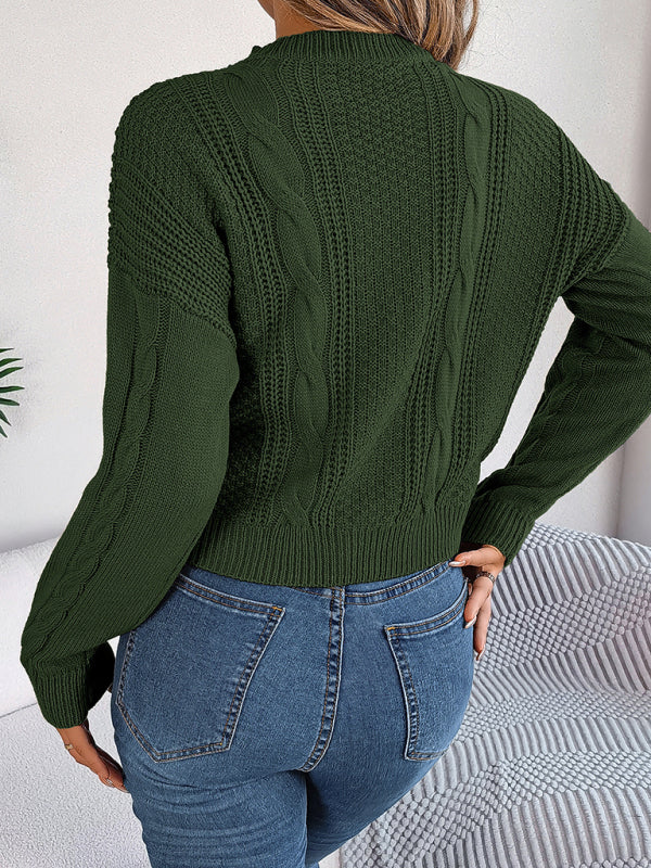 Buttoned Cable Knit Crew Neck Sweater for Autumn/Winter Sweaters - Chuzko Women Clothing