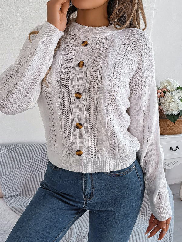 Buttoned Cable Knit Crew Neck Sweater for Autumn/Winter Sweaters - Chuzko Women Clothing
