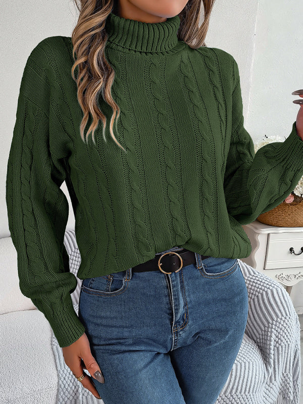 Lantern Sleeves Cable Knit Turtleneck Sweater for Autumn/Winter Sweaters - Chuzko Women Clothing