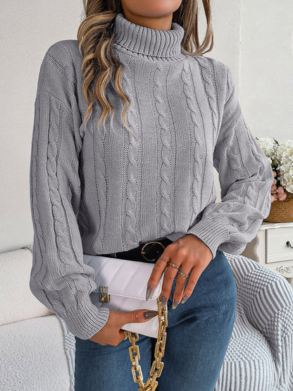Lantern Sleeves Cable Knit Turtleneck Sweater for Autumn/Winter Sweaters - Chuzko Women Clothing