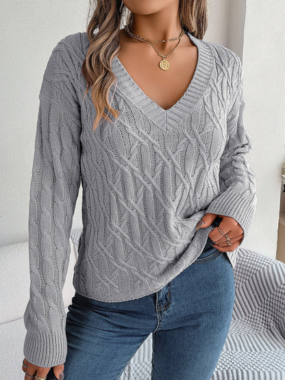Cable Knit V-Neck Sweater for Autumn/Winter Sweaters - Chuzko Women Clothing