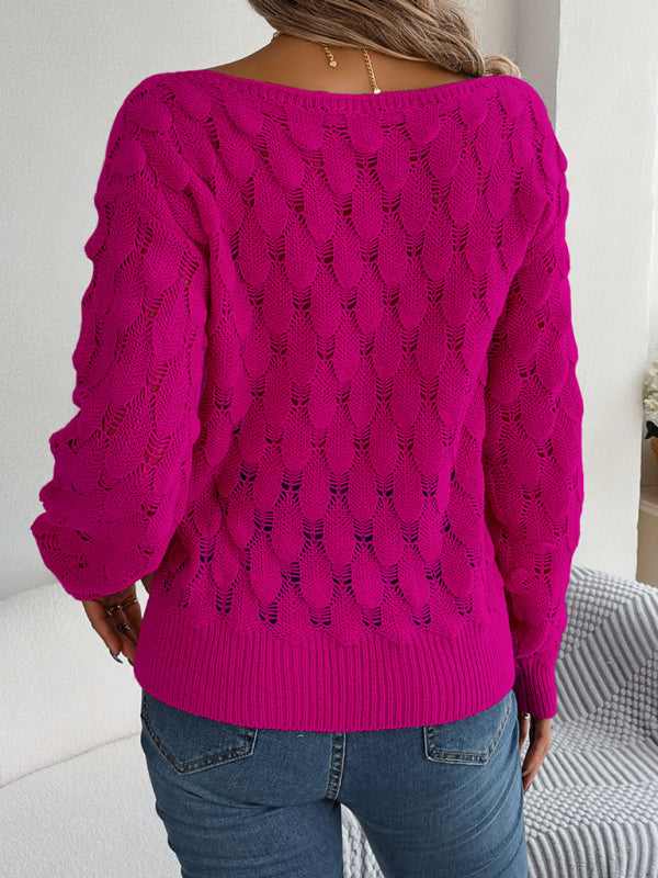Autumn Semi Open-Knit Boatneck Sweater Sweaters - Chuzko Women Clothing