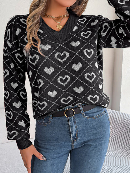 Knitted Heart V-Neck Sweater Sweaters - Chuzko Women Clothing