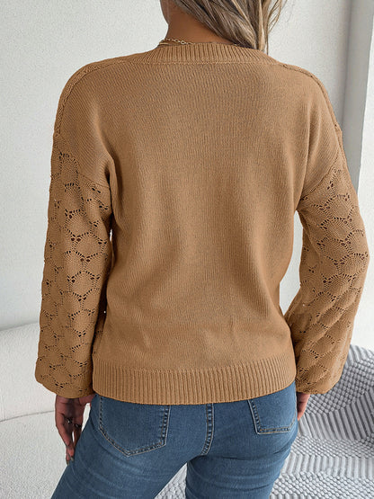 Autumn Open Knit V-Neck Sweater with Buttons Applique Sweaters - Chuzko Women Clothing
