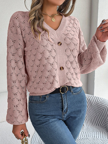 Autumn Open Knit V-Neck Sweater with Buttons Applique Sweaters - Chuzko Women Clothing