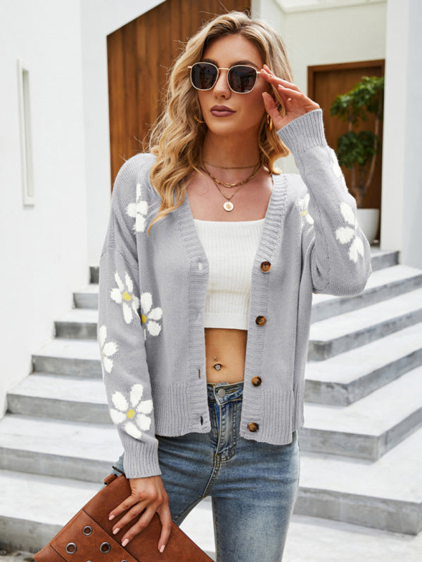 Floral Knit Button-Up V-Neck Crop Sweater Cardigan Cardigans - Chuzko Women Clothing