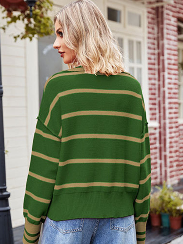 Stripe Knitted Exposed Seam Turn-Down Collar Oversized Sweater Sweaters - Chuzko Women Clothing