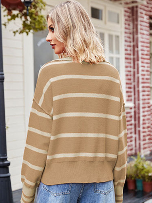 Stripe Knitted Exposed Seam Turn-Down Collar Oversized Sweater Sweaters - Chuzko Women Clothing
