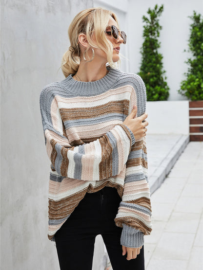 Stripe Knitted Color Block Slouchy Drop Shoulder Oversized Sweater Sweaters - Chuzko Women Clothing