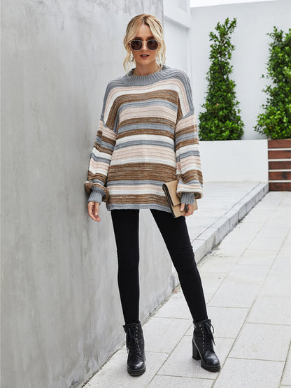 Stripe Knitted Color Block Slouchy Drop Shoulder Oversized Sweater Sweaters - Chuzko Women Clothing