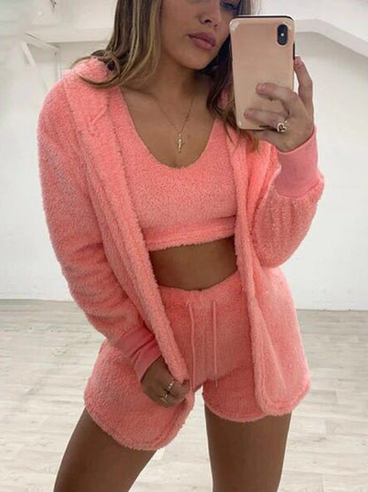 Fluffy Lounge Outfit Hoodie + Crop Tank Top + Shorts Lounge Outfit - Chuzko Women Clothing