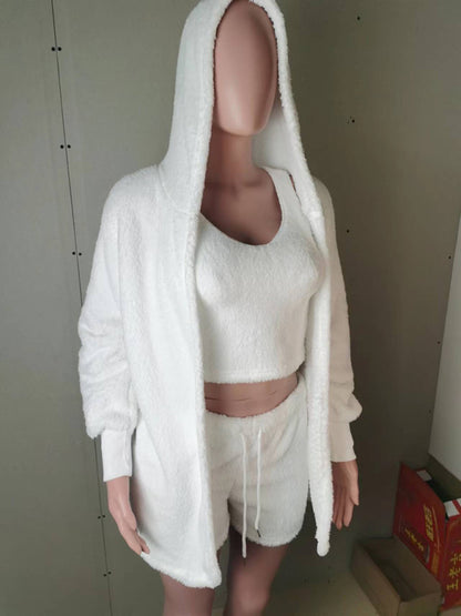 Fluffy Lounge Outfit Hoodie + Crop Tank Top + Shorts Lounge Outfit - Chuzko Women Clothing