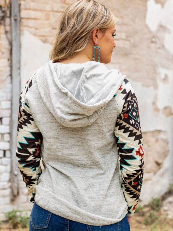 Geo Print Kangaroo Pocket Hooded Sweatshirt Hoodies - Chuzko Women Clothing