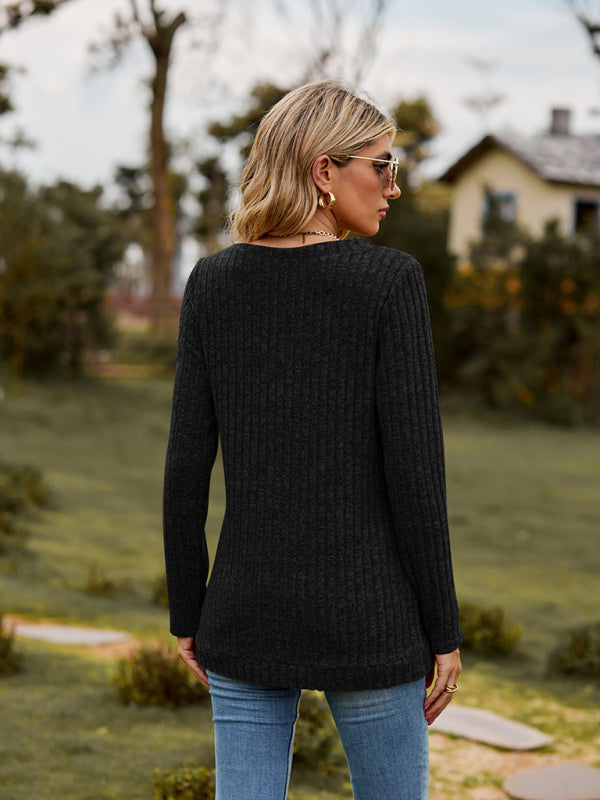 Rib-Knit V-Neck T-shirt Sweater Sweaters - Chuzko Women Clothing
