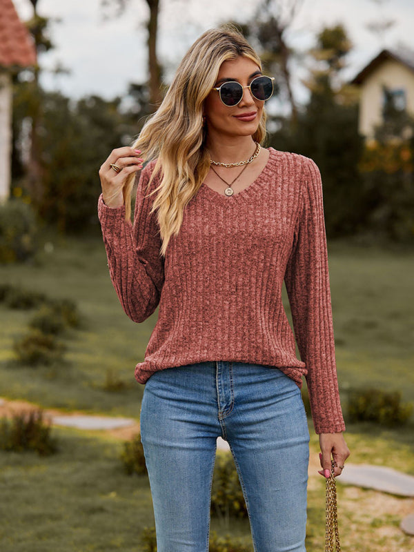 Rib-Knit V-Neck T-shirt Sweater Sweaters - Chuzko Women Clothing
