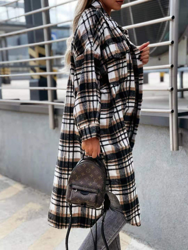 Plaid Overcoat Longline Jacket Jackets - Chuzko Women Clothing