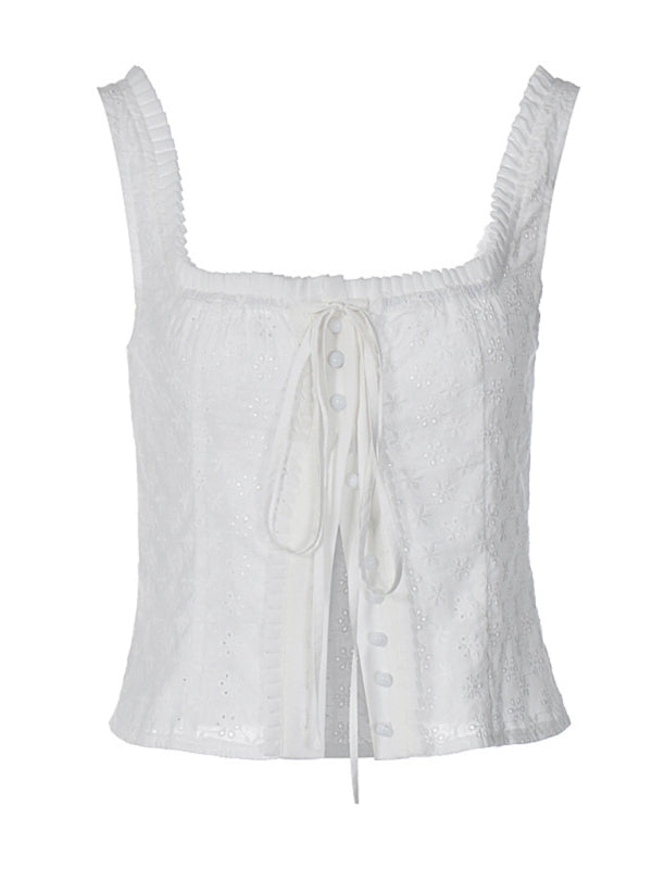 Embroidered Button-Up Frill Cami Top Cami Tops - Chuzko Women Clothing