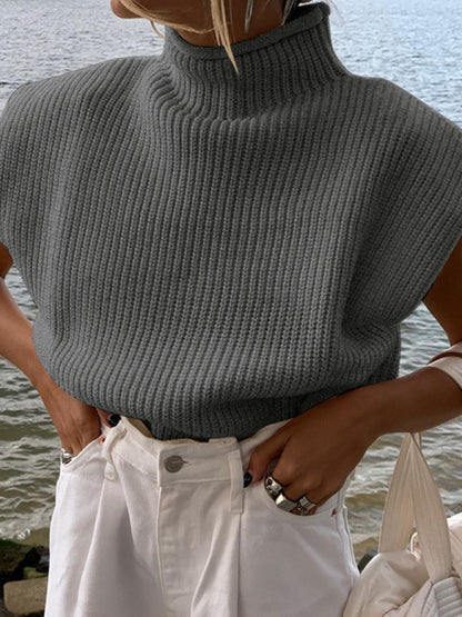 Solid Knitted Turtleneck Cap Sleeve Sweater Top Vest Sweaters - Chuzko Women Clothing