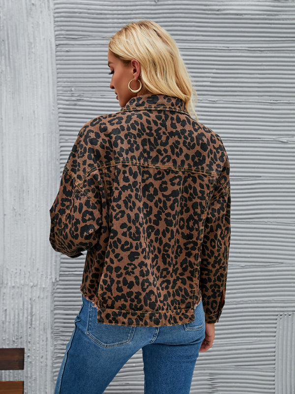 Autumn Casual Leopard Denim Collar Crop Jacket Denim Jackets - Chuzko Women Clothing